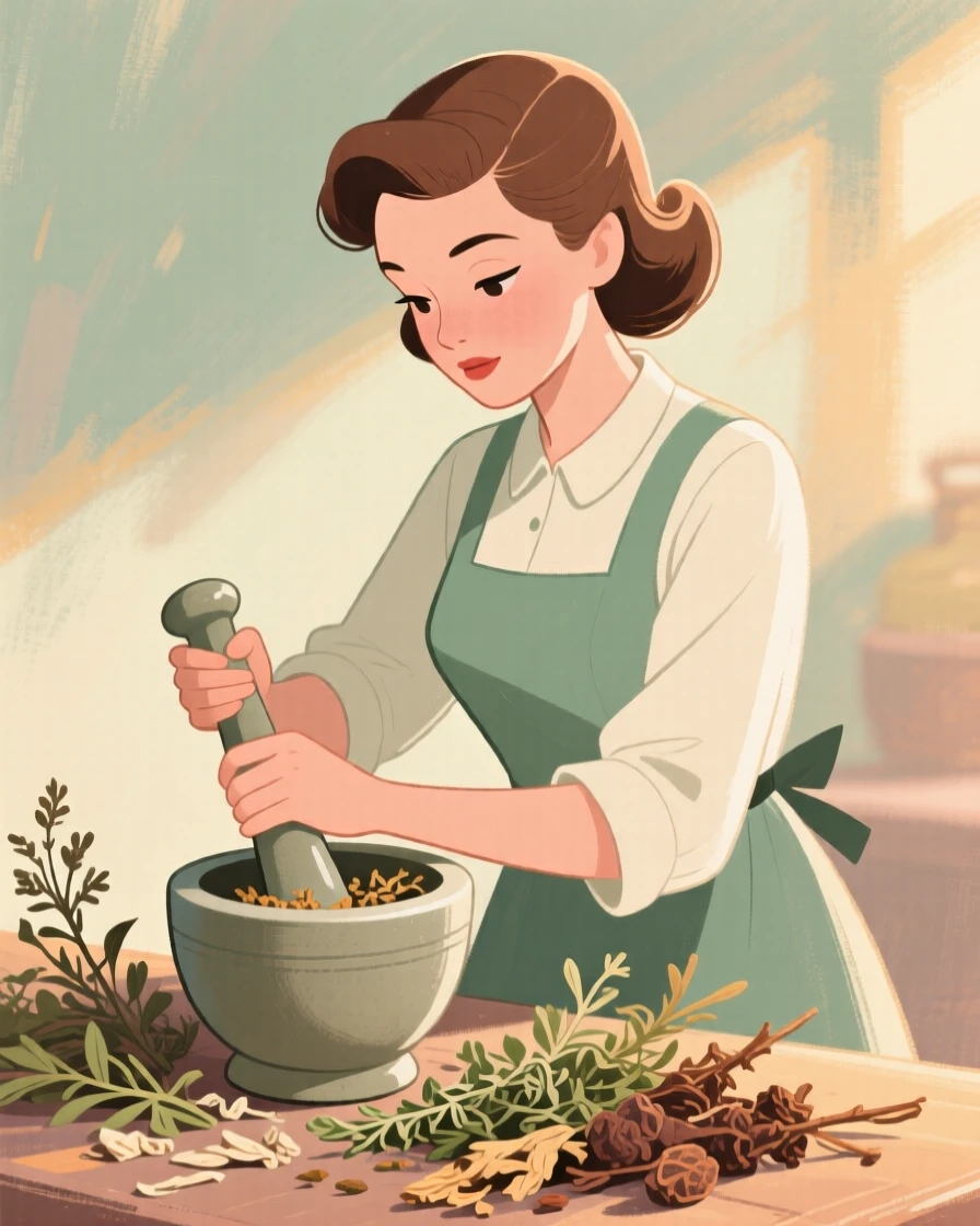 A herbalist grinding dried herbs with a mortar and pestle