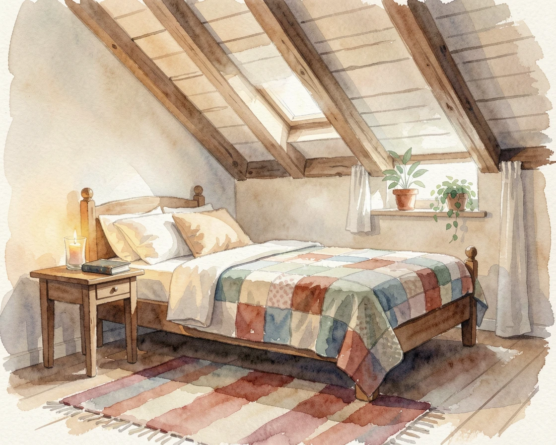 A cozy attic bedroom under a sloped ceiling.