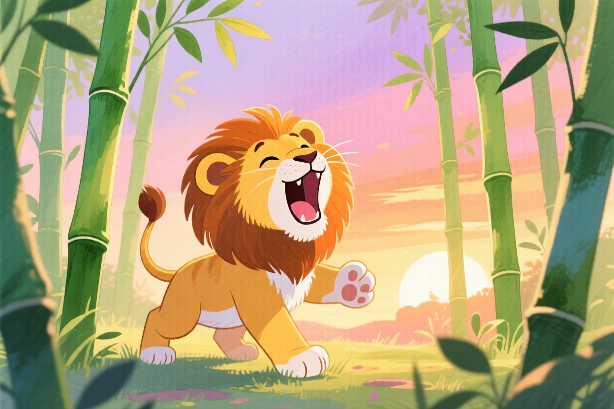 A lion cub practicing a roar playing joyfully in a bamboo grove at sunset.