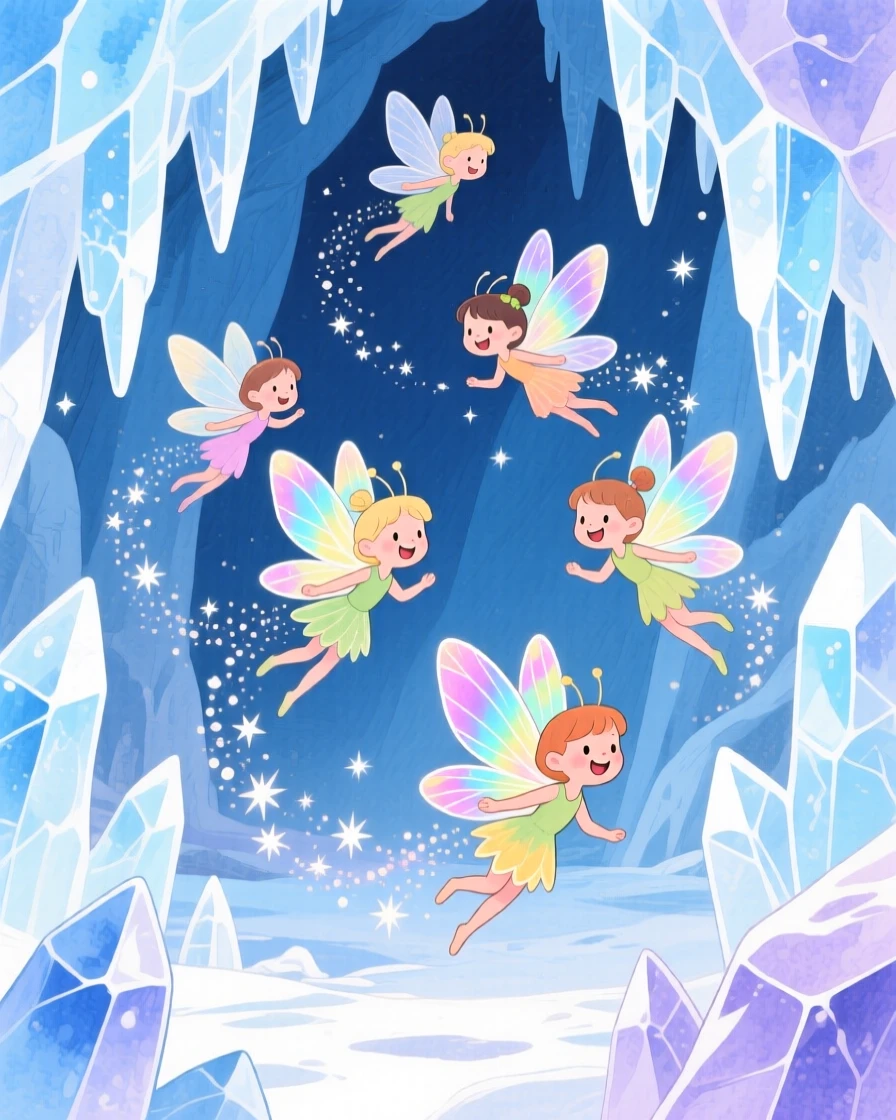 A playful group of fairies leaving a trail of sparkling stardust as it moves, in a sparkling ice cave, sparking pure childlike delight.