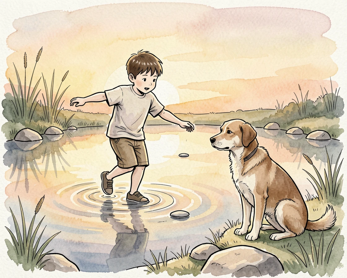 A young boy skipping stones across a still pond at sunset with his dog waiting nearby