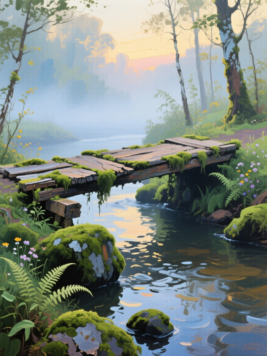 an old footbridge crossing a mossy stream, in early morning mist, from an inviting eye-level viewpoint.