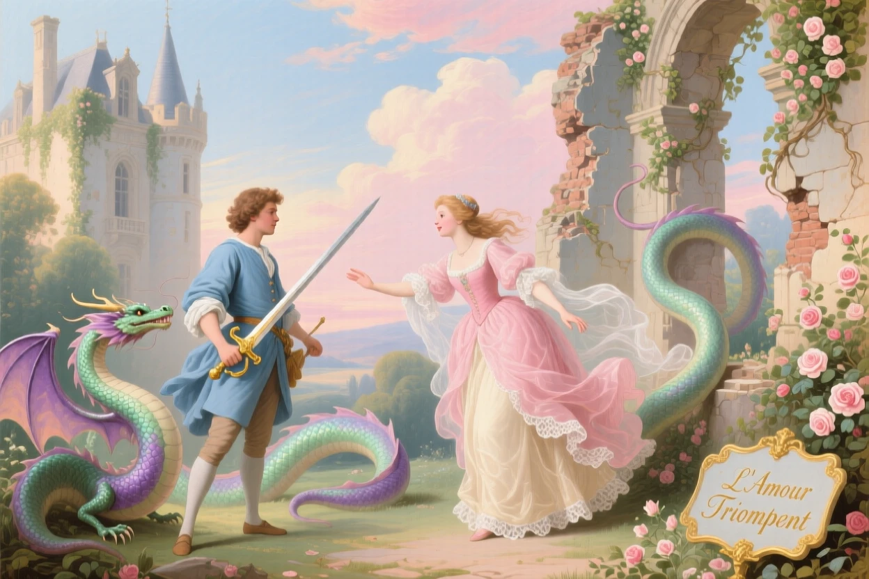 A young hero rescuing a princess from a dragon beside a ruined castle  