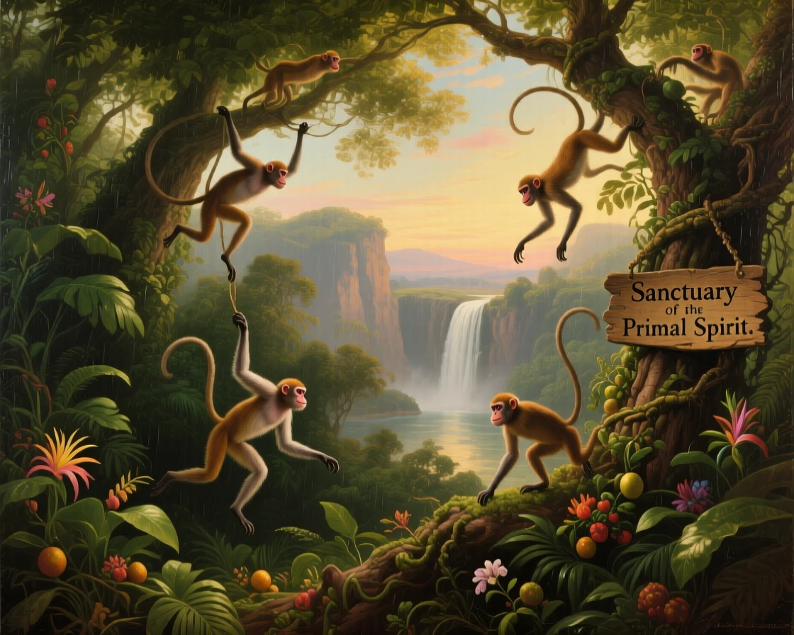 A troop of monkeys swings through the canopy of a dense rainforest.