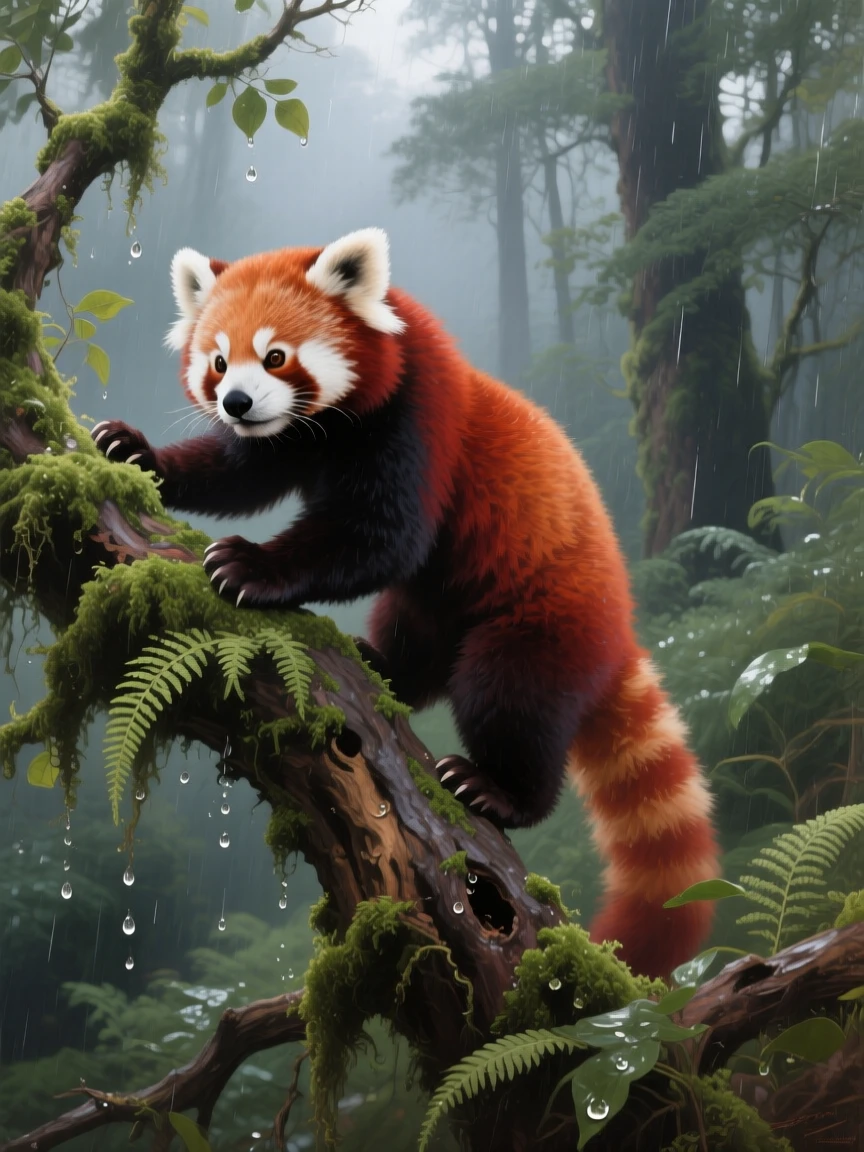 A red panda climbing carefully along a moss-covered branch, with water droplets or mist adding a sense of immediacy, evoking deep respect for the power and grace of nature