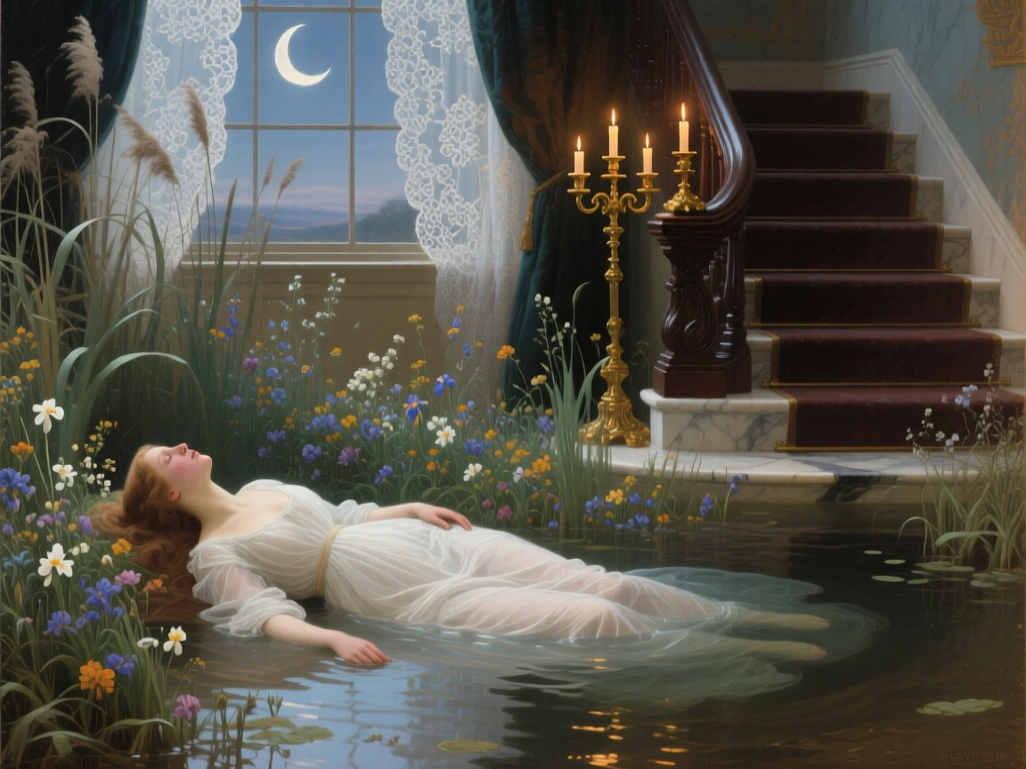 Ophelia drifting gently among wildflowers and reeds as if pulled directly from a cherished tale, set beside a grand staircase lit by flickering candelabra, with a crescent moon rising behind delicate lace curtains; the composition frames the central figure like a page brought to life, filled with romance, imagination, and quiet drama.