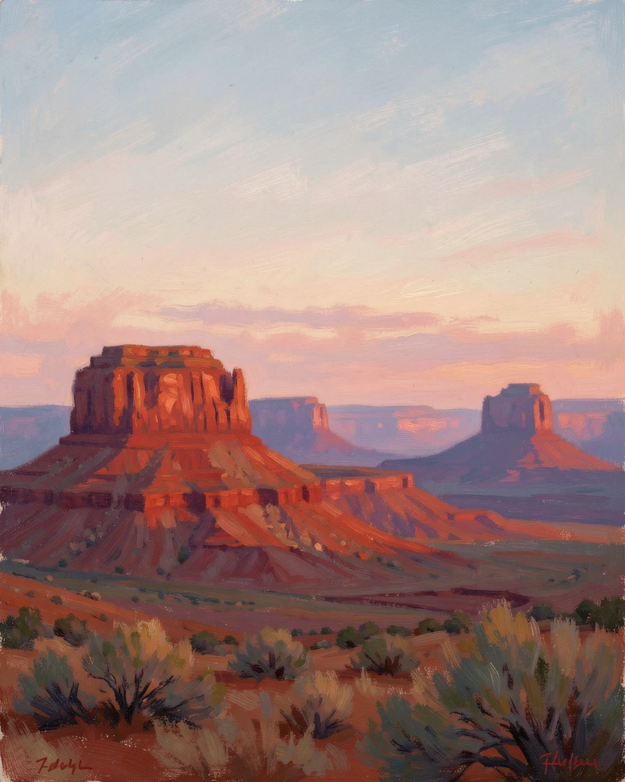 A high desert mesa at dusk, layered buttes glowing deep red as the last sunlight fades from the sky.