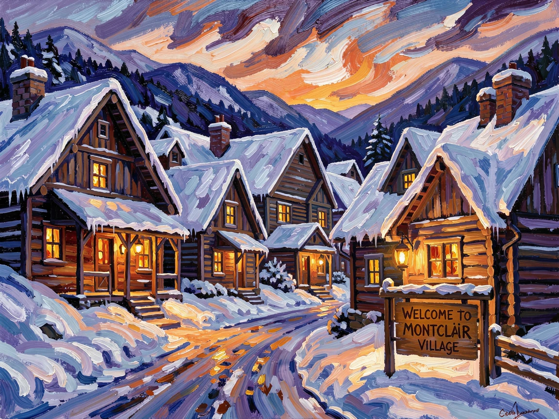 A snowy mountain village with warm lantern light glowing from every window at dusk.
