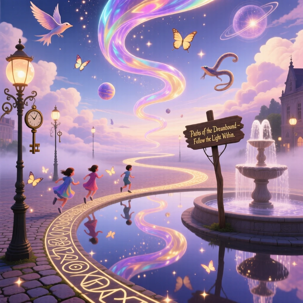A town square that floats gently above its own reflection orbits silently through banks of soft cloud, while children run along paths that curve into the sky.