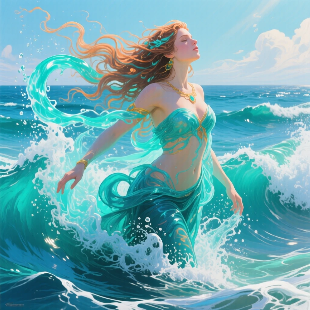 A goddess of the sea rising from ocean waves, hair flowing into streams of turquoise water