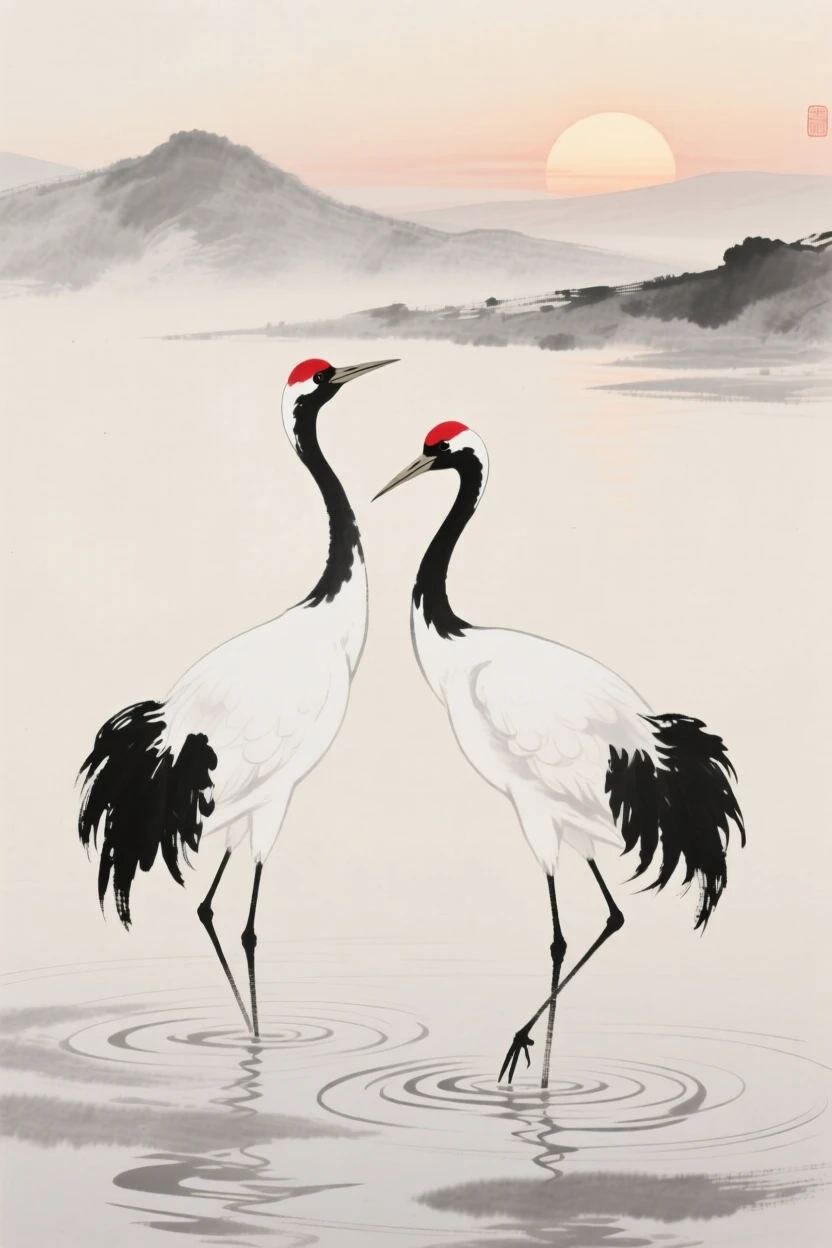 A pair of red-crowned cranes stand in shallow water at sunrise, as the sun rises over distant hills.