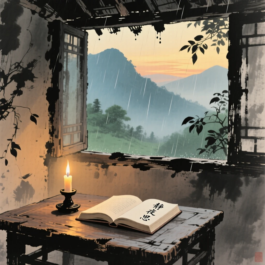 A single candle burning beside an open book in a mountain hut, as summer rain begins to fall, in the last golden light of day.