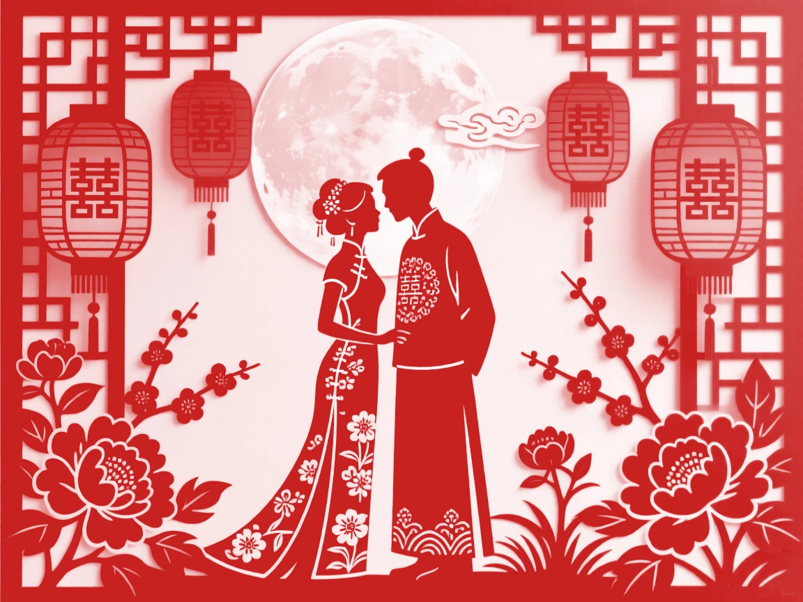 A bride and groom sharing a quiet moment in a moonlit garden, red lanterns glowing warmly in the background.