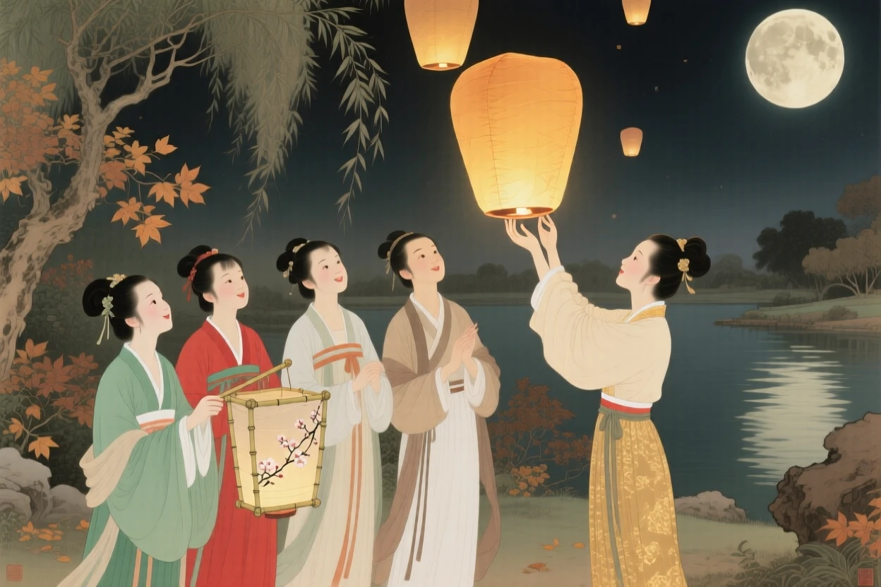 A group of friends launching sky lanterns during a mid-autumn celebration