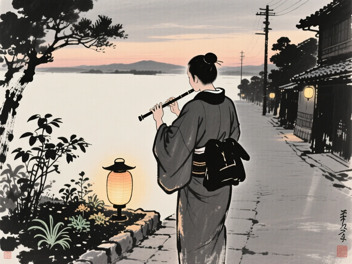 A musician playing a flute tending to a small garden plot along a lantern-lit street at dusk, seen from behind, gazing out toward the horizon, evoking warmth, simplicity, and quiet dignity.