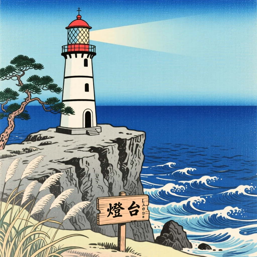 A lighthouse on a stony point along a wind-swept cliff edge, beneath a clear midday sky.