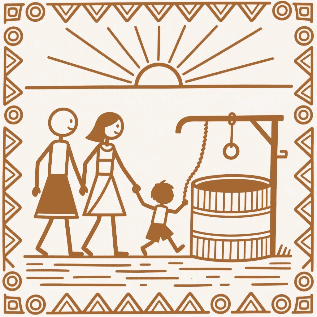 A young couple teaching a child to walk near a well at sunrise.