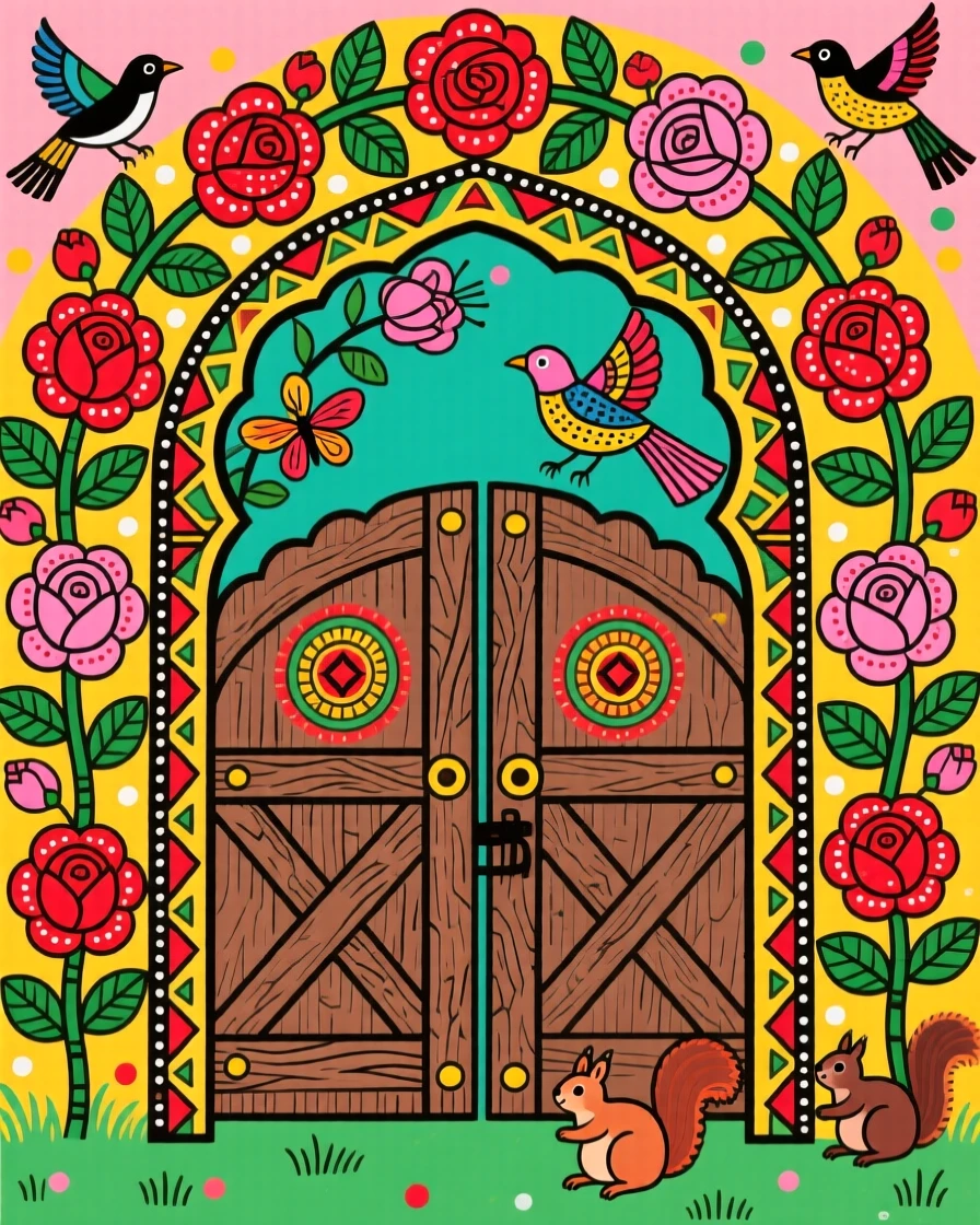 Climbing roses covering the archway of an old garden gate.