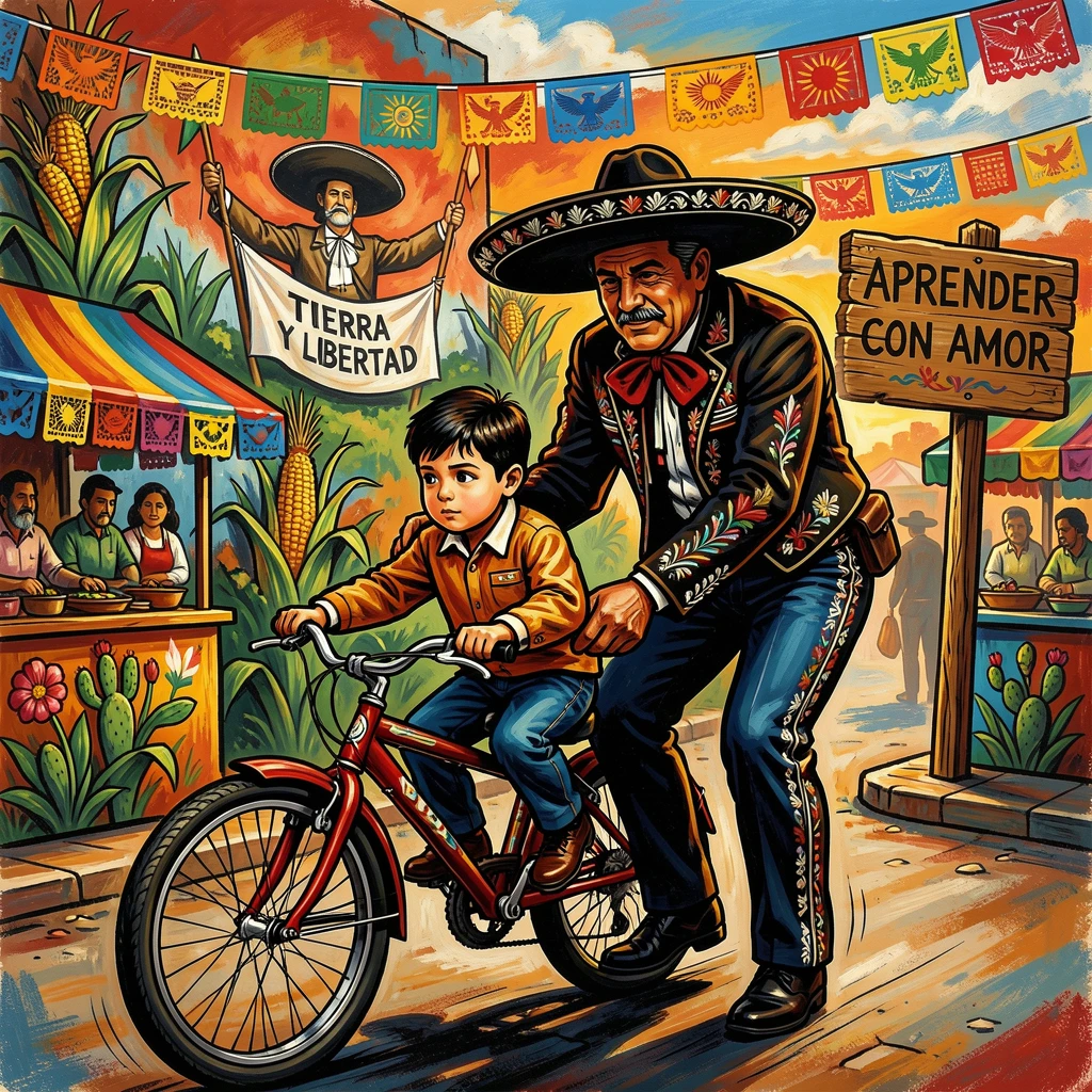 A young boy learning to ride a bicycle with his father's help