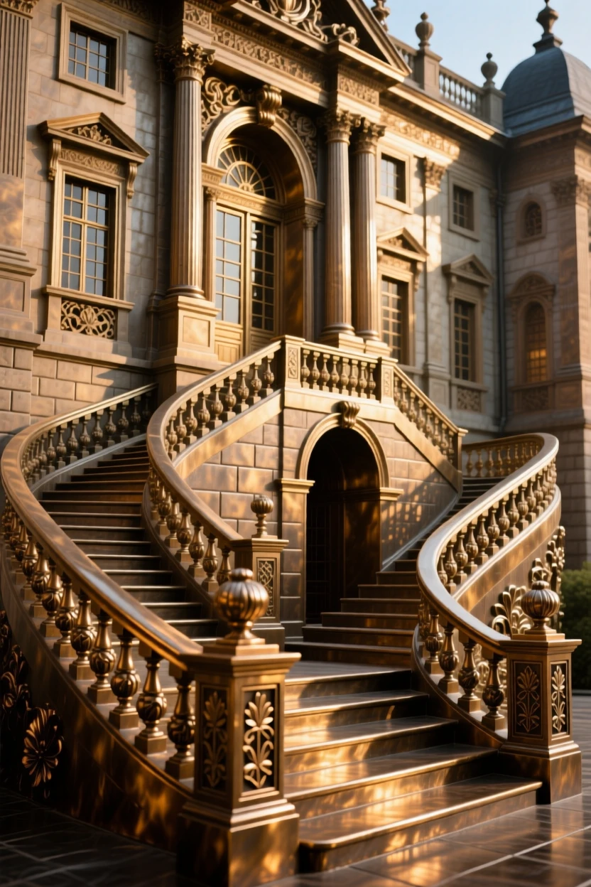 A grand renaissance palace with sweeping staircases, bathed in warm, golden light, exuding timeless grandeur
