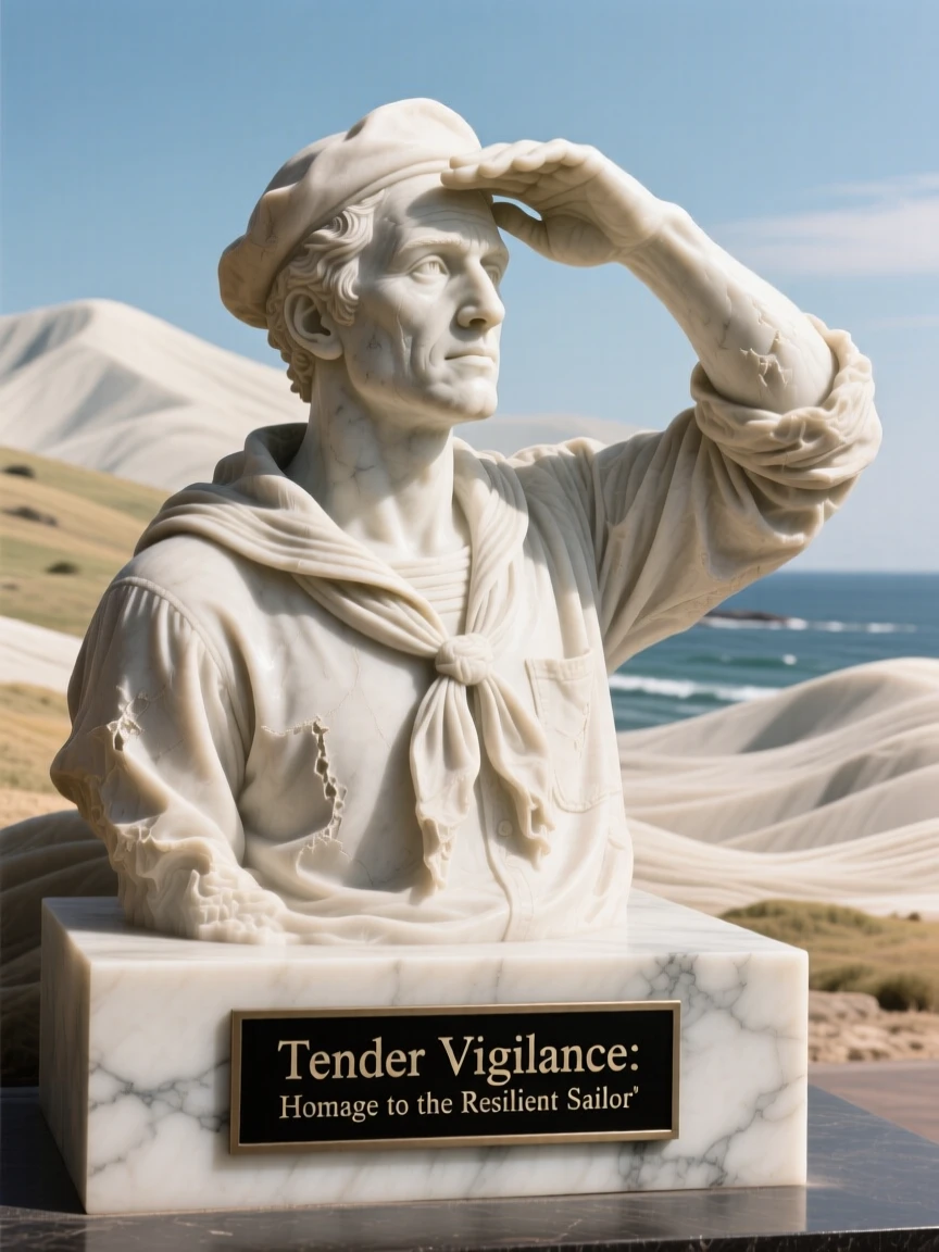 A tender portrait of a rugged sailor, shielding their eyes from the sun, against a backdrop of rolling hills, evoking warmth and humanity