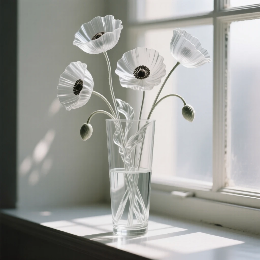 Poppies swaying in a breeze arranged in an elegant vase on a windowsill, soft diffused light streaming in, creating a tranquil still-life mood.