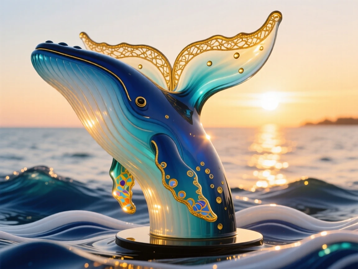 A humpback whale's tail rising above the ocean surface at golden hour, majestic and iconic.