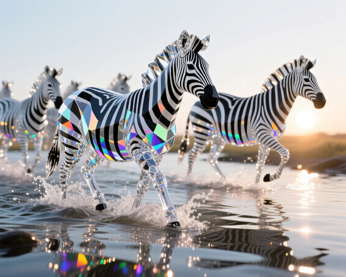 A herd of wild zebras crossing a shallow river at sunrise, spray catching the light.