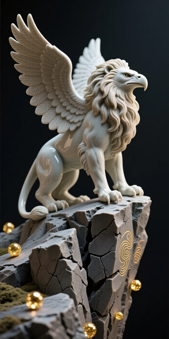 A griffin perched on a craggy peak perched watchfully at the edge of a cliff, surrounded by drifting motes of golden light, filling the scene with mysterious, otherworldly beauty.