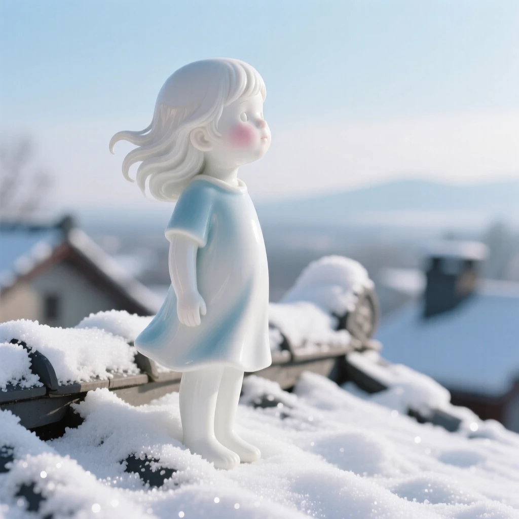 A radiant child gazing toward the horizon in a snow-dusted rooftop, a soft breeze lifting loose strands of hair.