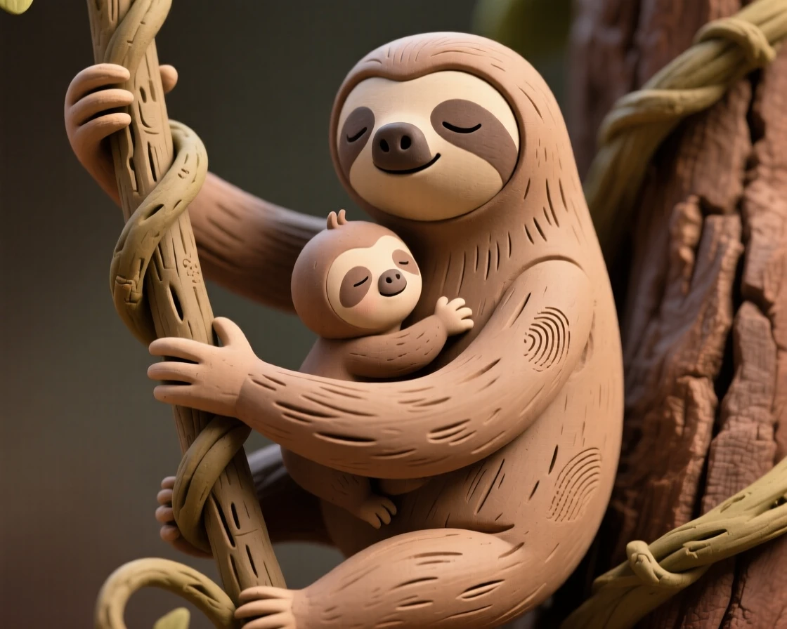 A baby sloth clinging to its mother as she slowly climbs a vine