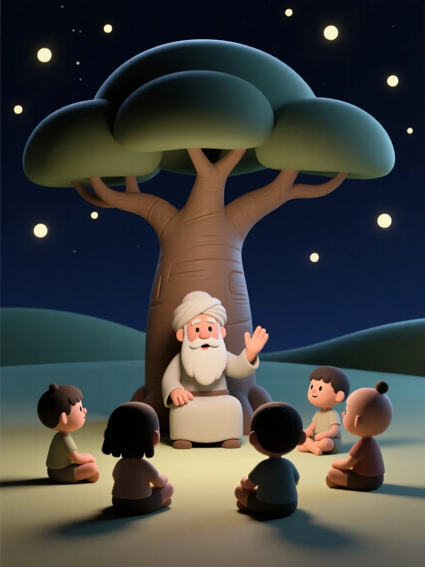 A wise storyteller sits beneath a giant baobab tree, gesturing animatedly to a circle of children under starlight.