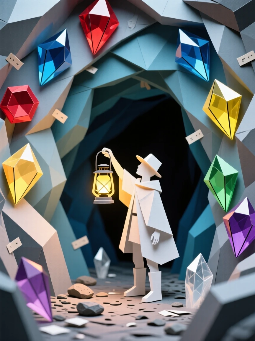 A crystal cave filled with glowing gems of every color, a small figure exploring with a lantern held high, capturing awe and discovery.