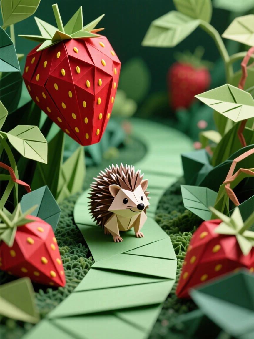 A tiny hedgehog exploring a garden path lined with strawberries taller than itself.