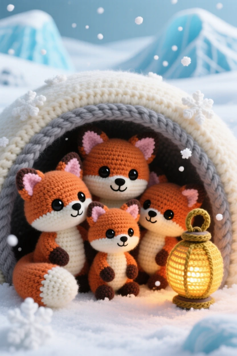 a small baby fox family nestled together in a den is shown peeking out at the first snowfall within an icy arctic landscape with distant blue glaciers, accompanied by a small lantern glowing warmly beside it, capturing playful mischief bubbling just beneath the surface.