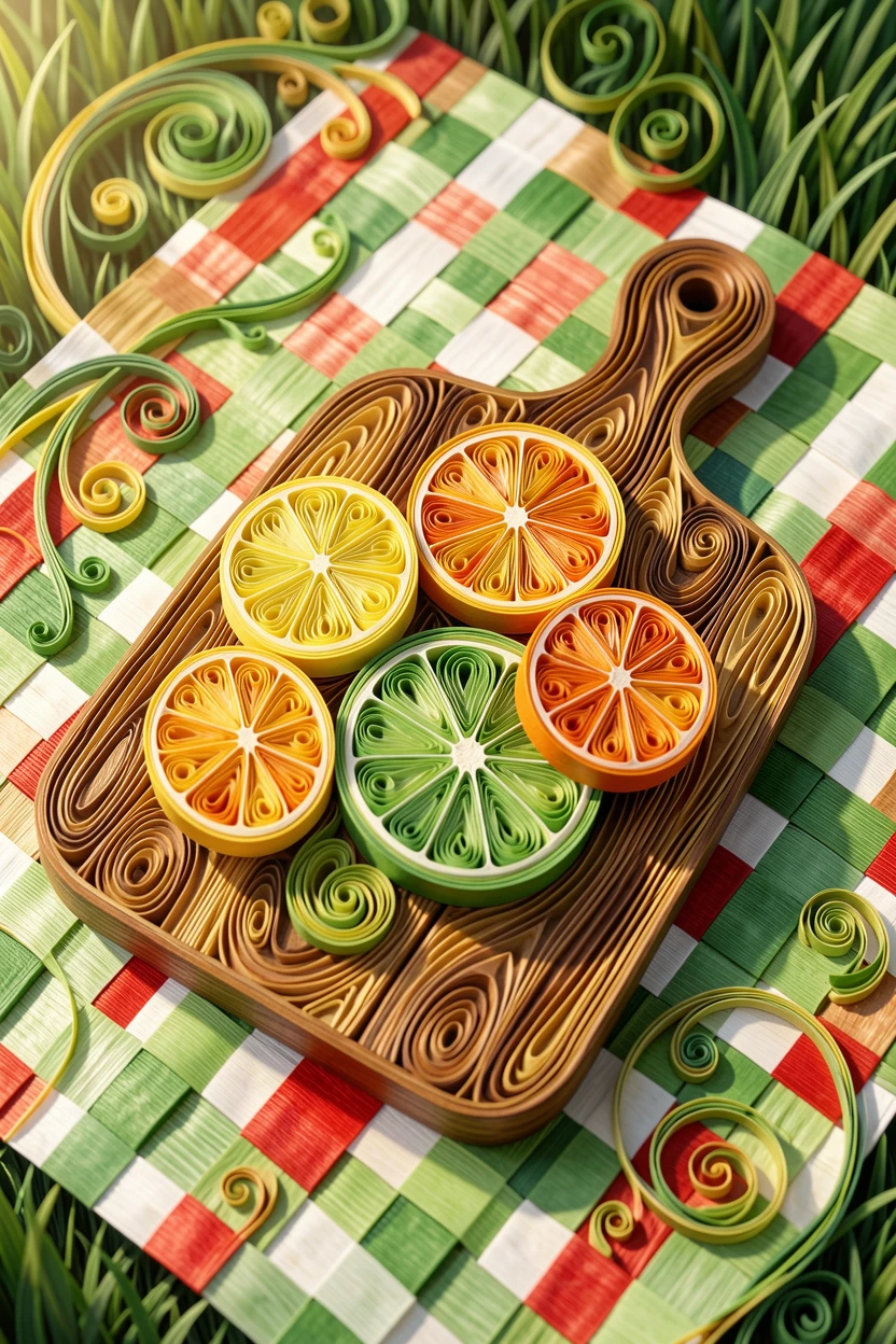a wooden cutting board with sliced citrus fruit, on a checkered picnic blanket in a park, composed with soft natural light from one side, in a fresh palette of green, red, and gold.