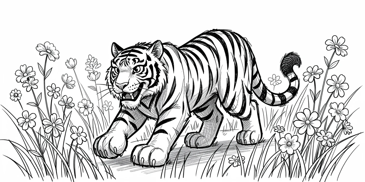 A tiger walking through tall grass among blooming wildflowers.