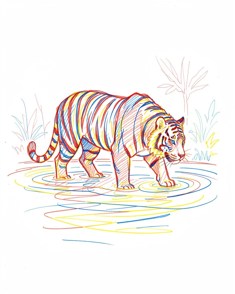 A tiger wading through a shallow jungle river, muscles rippling beneath striped fur