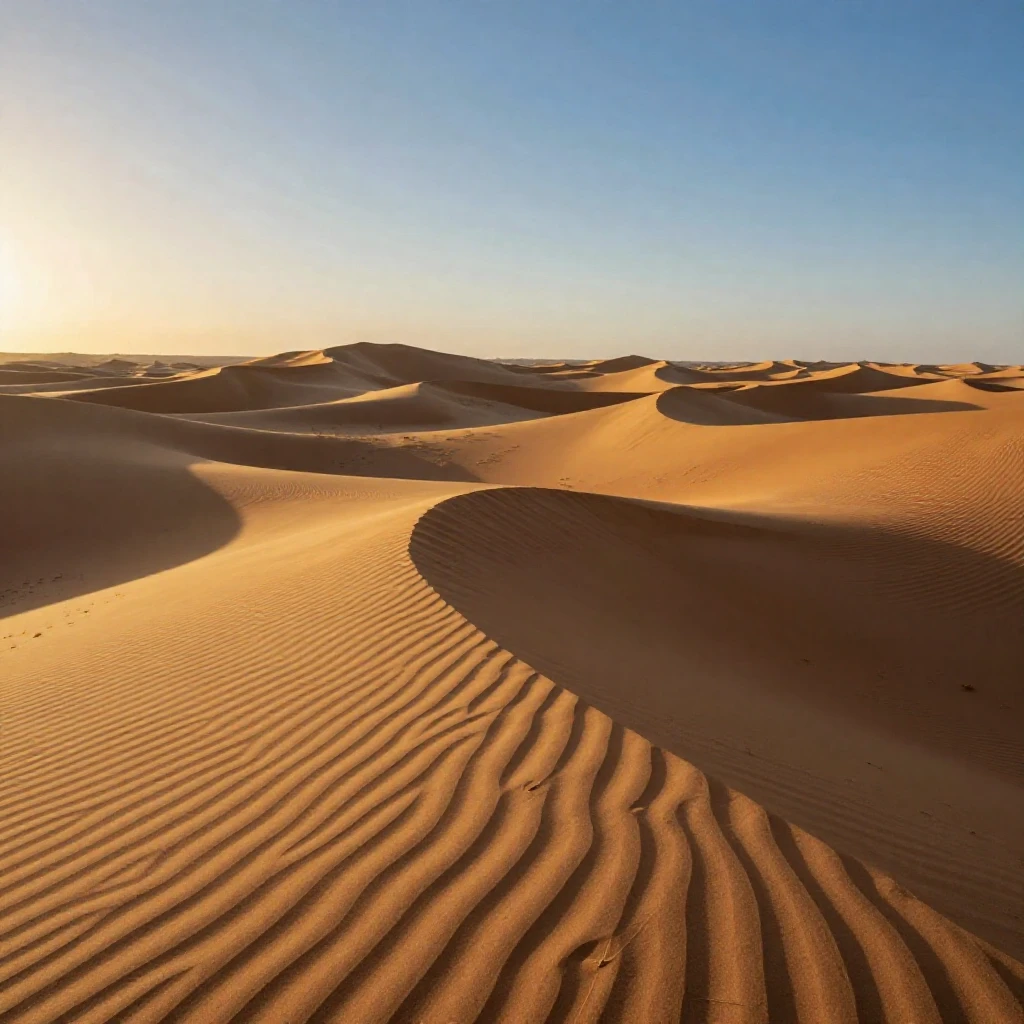 The Sahara Desert's rippling dunes at golden hour