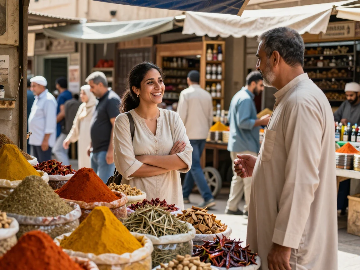 A woman haggles cheerfully with a vendor at a spice-filled souk stall.