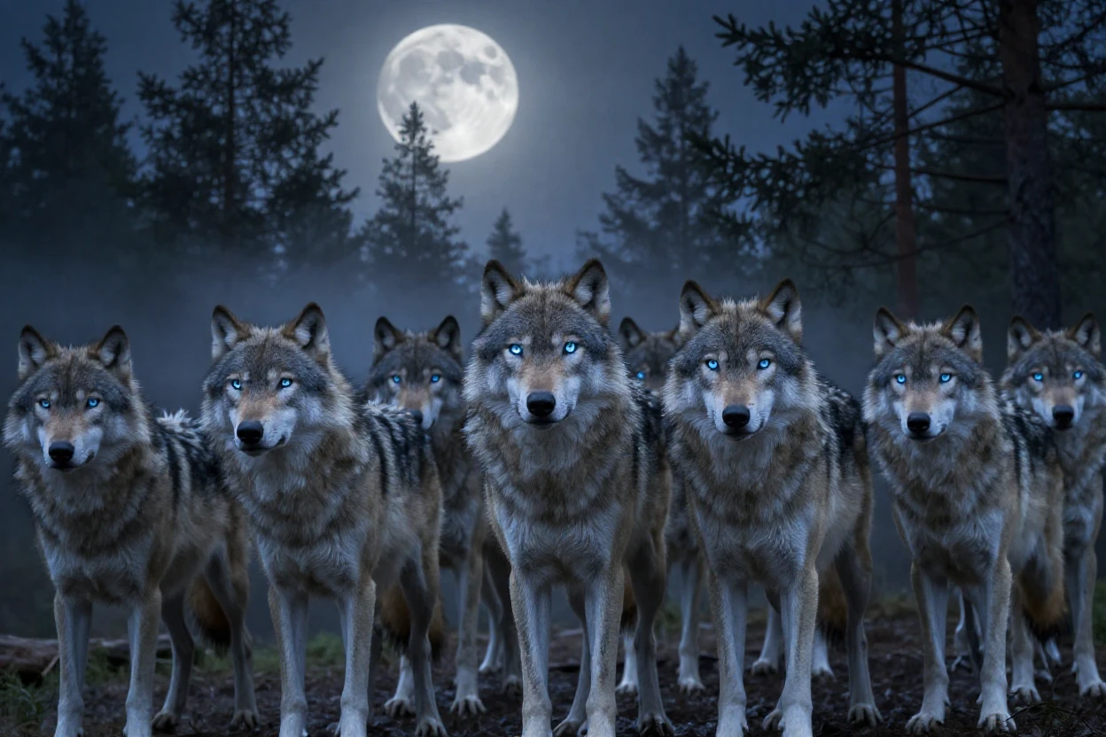A pack of moonlit wolves with glowing eyes standing beneath a sky filled with twin moons