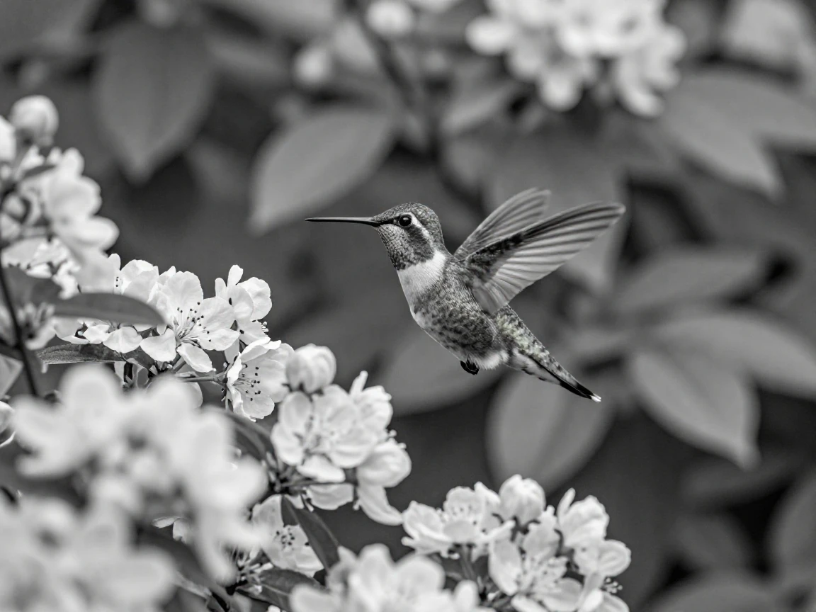 A hummingbird darts between rows of garden blossoms in a fragrant summer garden.