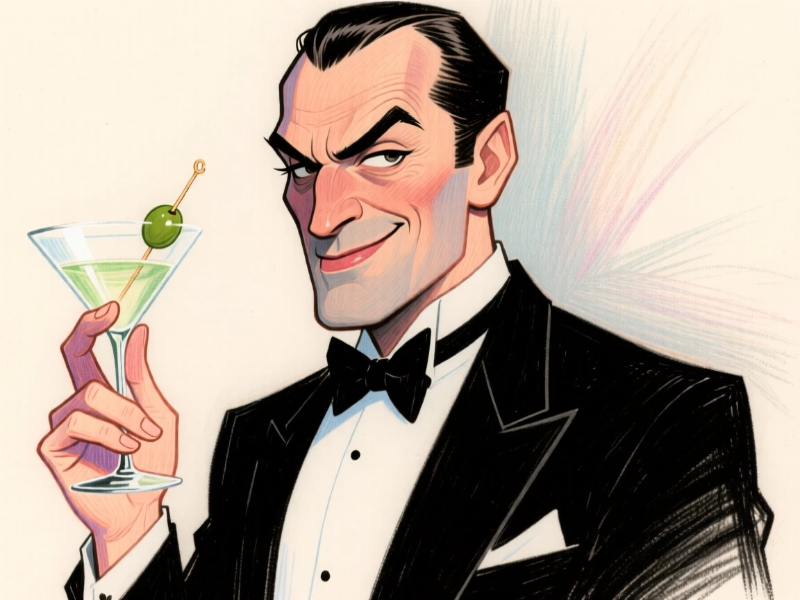 A suave secret-agent-inspired fictional character in a tuxedo, holding a martini glass and smirking.