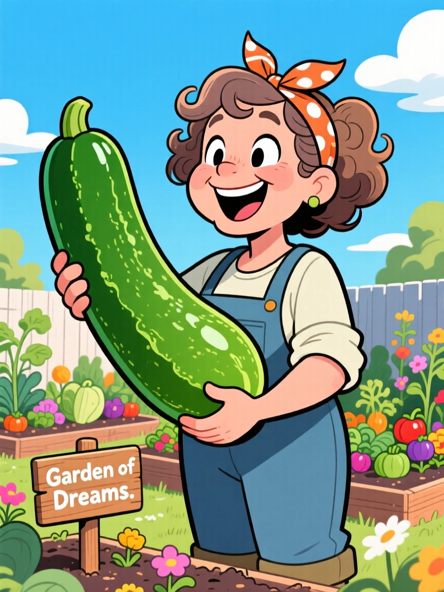 An everyday-life snapshot of an avid gardener proudly displaying an oversized zucchini grown in her backyard plot.