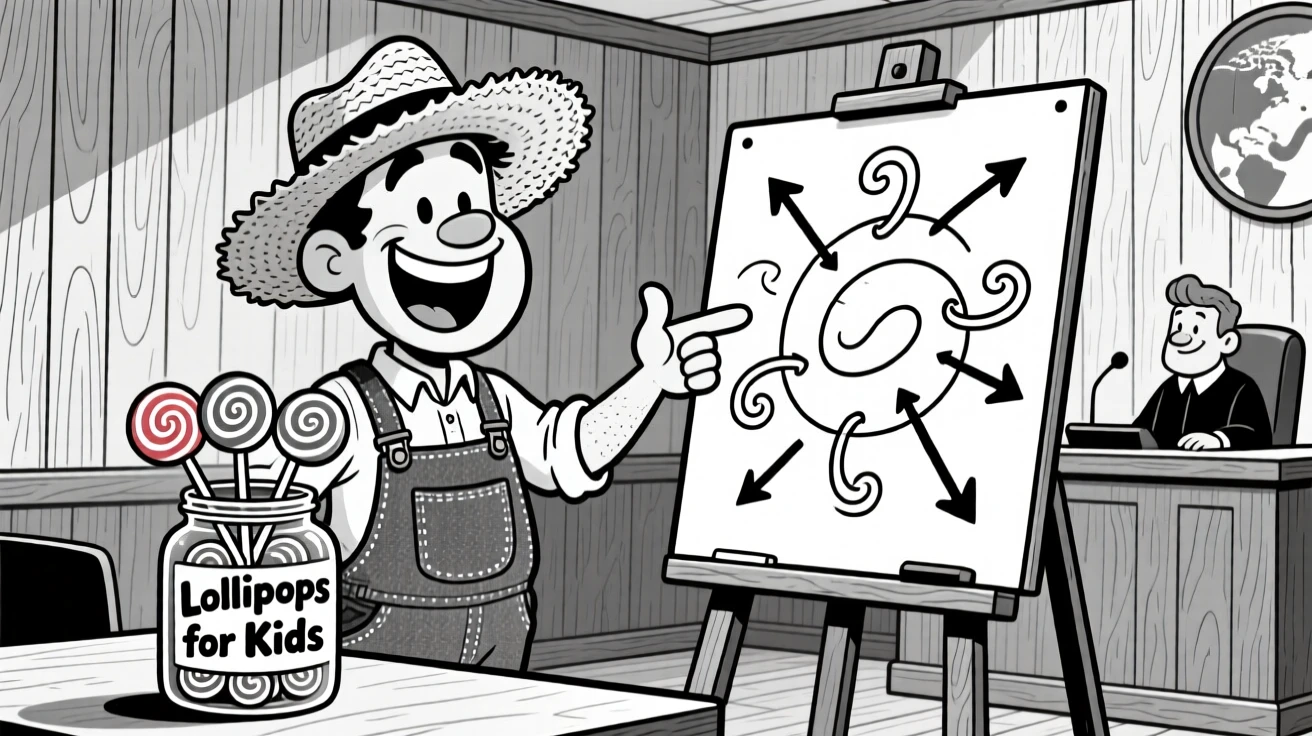 A jovial farmer in overalls and a straw hat, gesturing enthusiastically at a diagram full of arrows, set in a wood-paneled courtroom. A jar of lollipops sits on the counter for kids. It feels like a warm nod to the people who keep the world running.