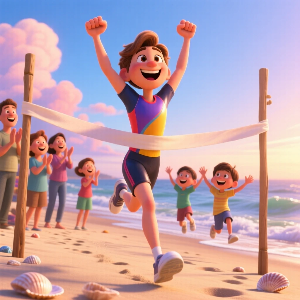 A runner crossing a finish line with arms raised unfolds on a quiet beach at sunrise, with warm sunlight catching every smile. A wave of relief and celebration washes over everyone present.
