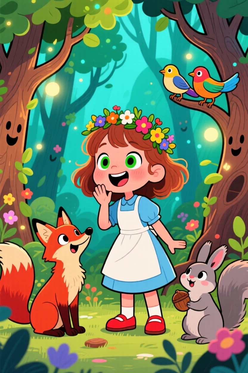 A young girl discovering she can talk to animals in an enchanted forest.