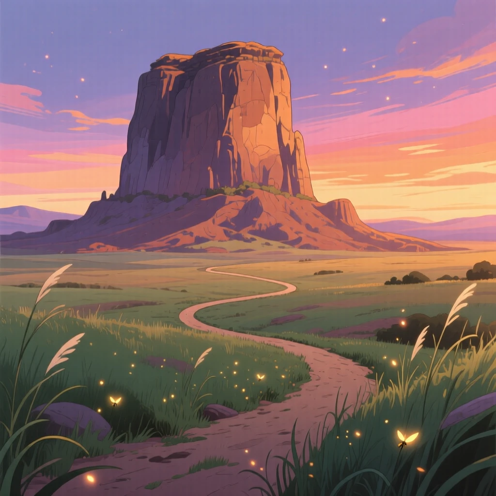A breathtaking view of a dramatic mesa rising from flat plains, with a single winding dirt path leading into the distance, at dusk, seen through a gentle foreground of grass.