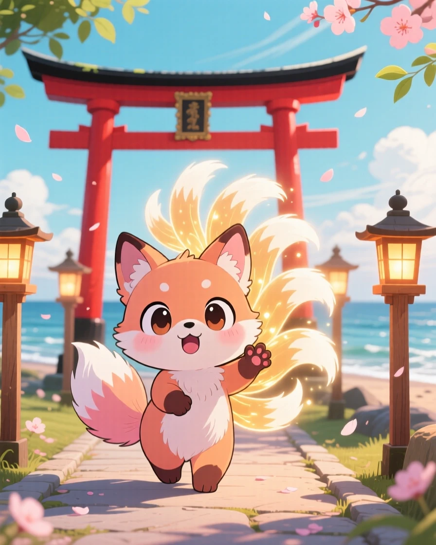 Symmetrical front-on view: a baby kitsune, playfully multiplying its fluffy tails, set against a torii-gate shrine path on a breezy coastal afternoon, with warm lamplight and a mood of gentle surprise.