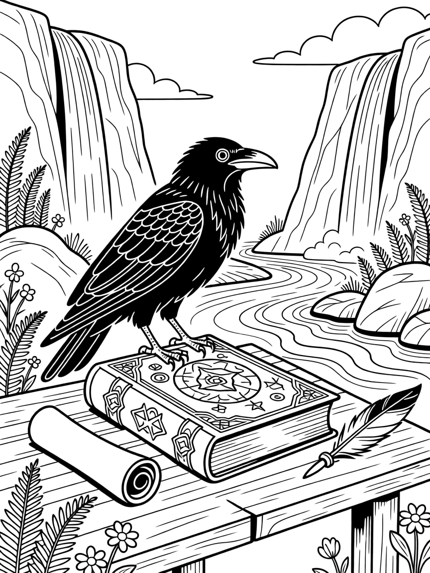A raven perched on an old grimoire, with waterfalls cascading down distant cliffs.